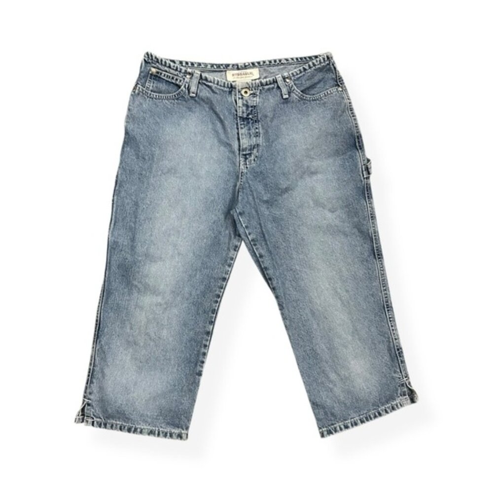 Vintage 1990s Hydraulic Mid Rise Light Wash Denim Cargo Carpenter Capri Jeans